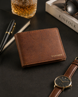 Silviano Hunter – Rustic Tan RFID Protected Slim Leather Bifold Wallet with Coin Pocket & Gift Box